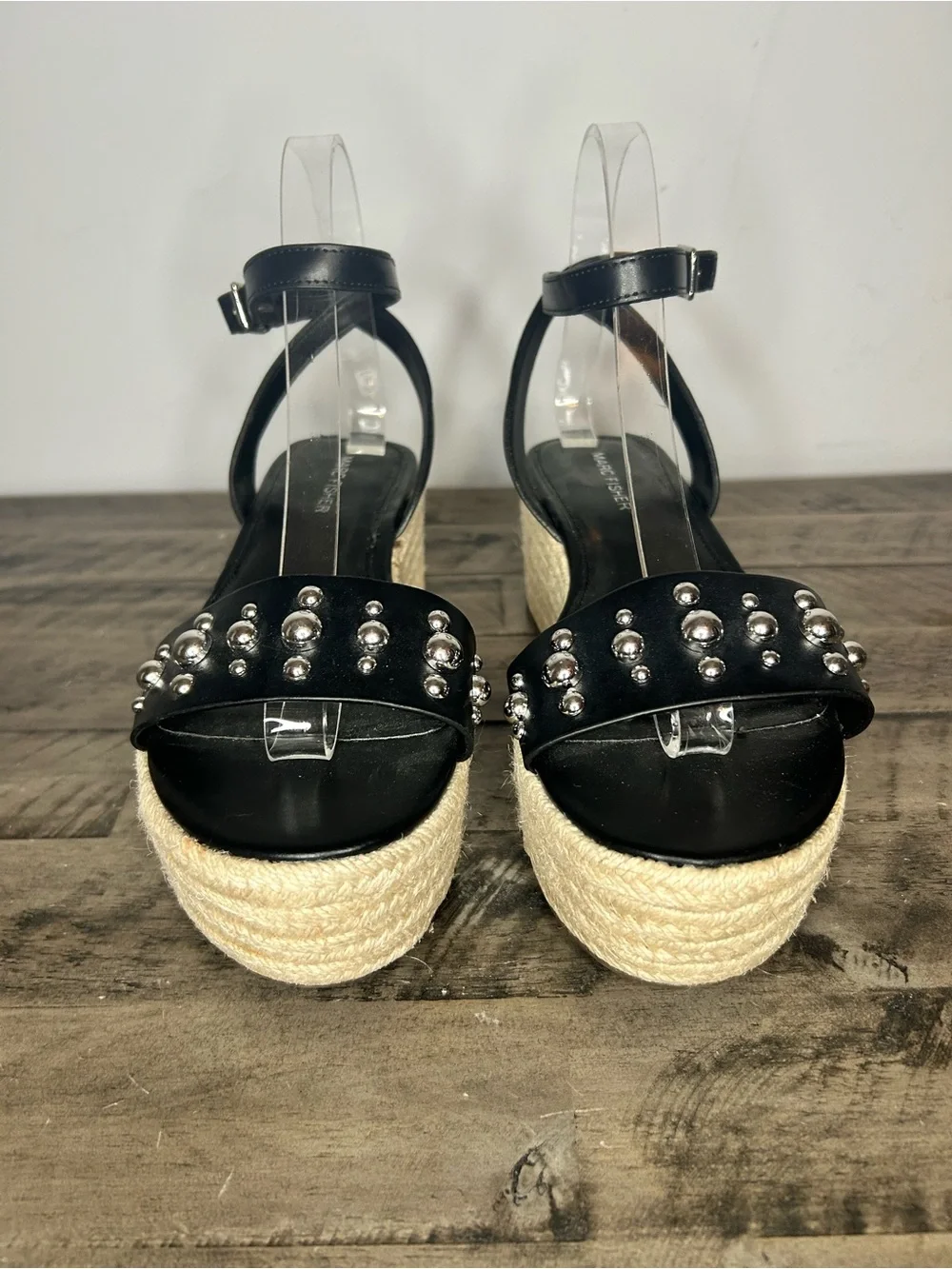 Marc Fisher Black Studded Espadrille Platform Sandal with Ankle Strap